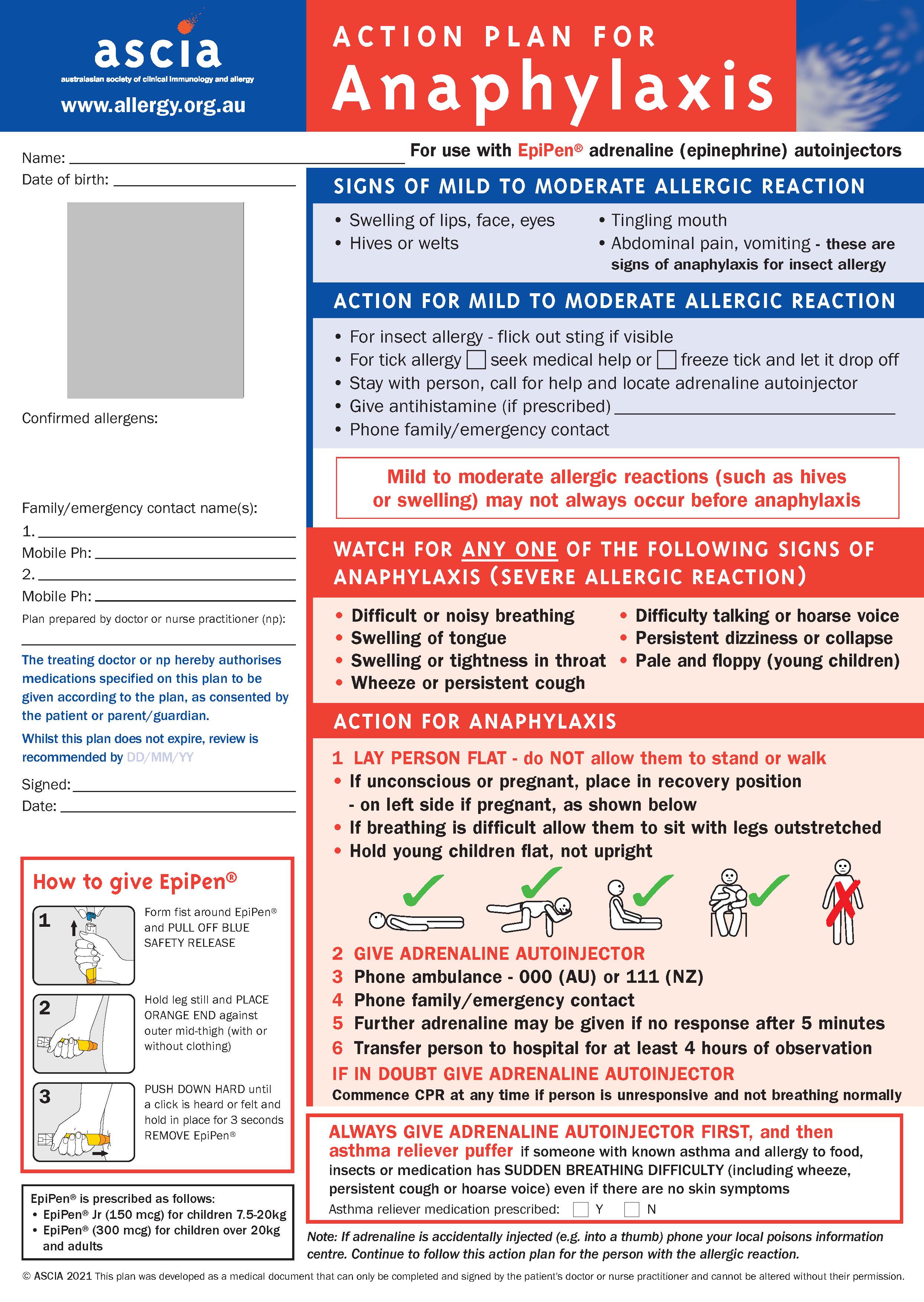 Anaphylaxis action plan