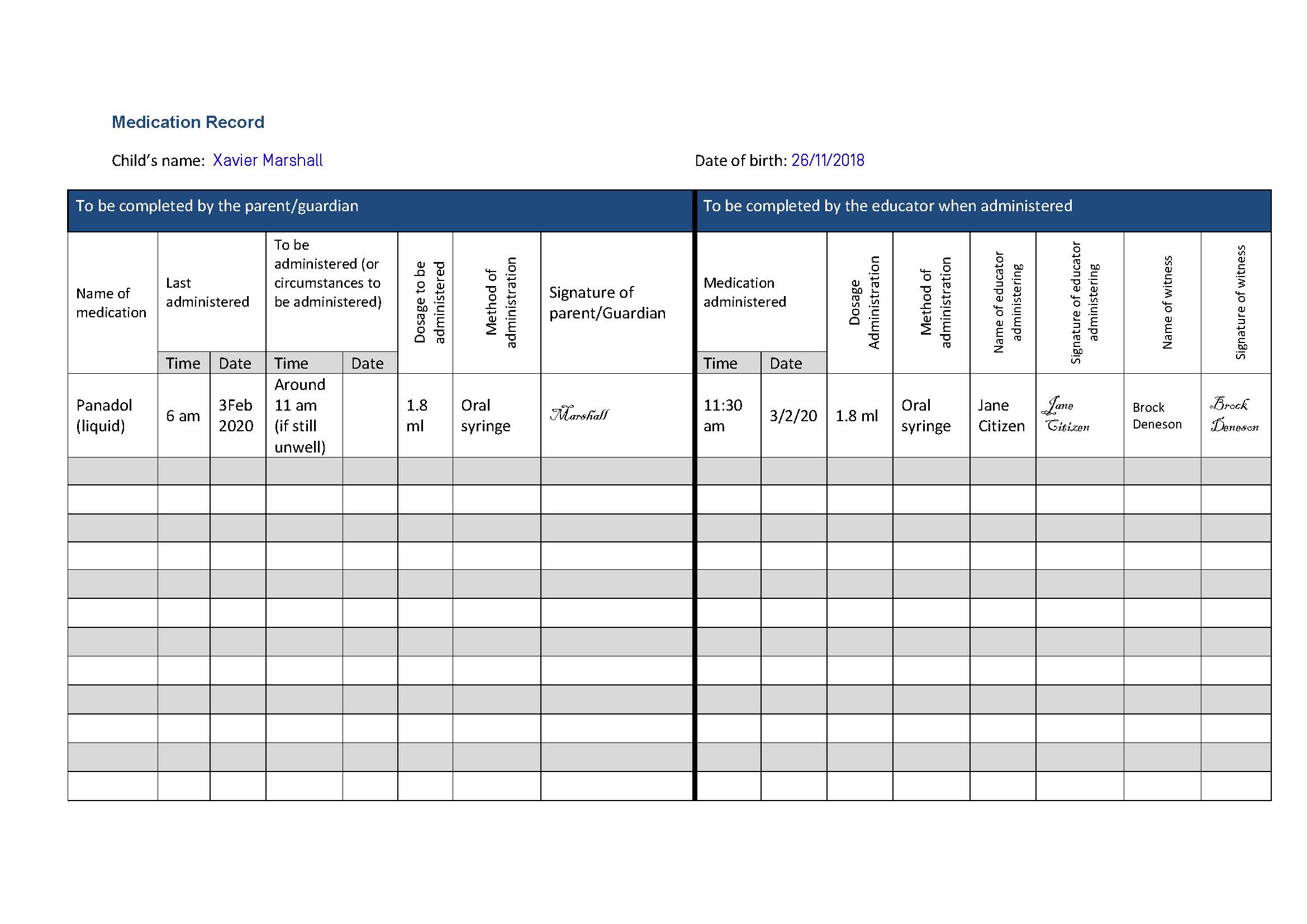 Completed medication form